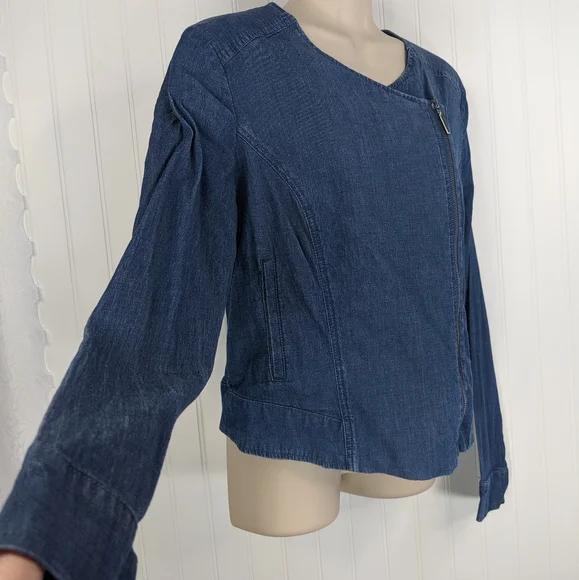 H by HALSTON Stretch Lyocell Denim Moto Jacket 10 - Picture 5 of 8
